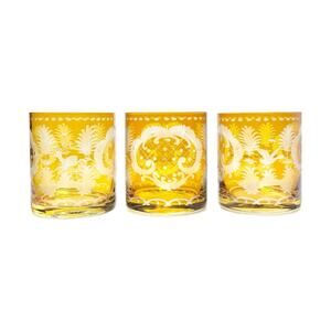 1970s Bohemian Amber Glass Cut 3 Tumbler Cocktail Glasses Wildlife Deer Duck
